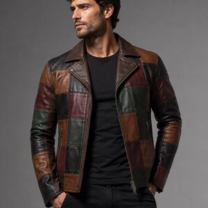 Men's Patchwork Leather Jacket, Multicolor Genuine Leather Biker Jacket, Brown Black Green Color Block Jacket, Handmade Vintage Style Coat