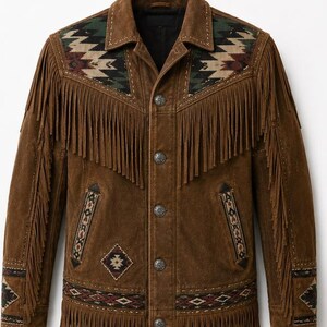 Men's Suede Fringe Jacket with Pattern Patches, Western Cowboy Jacket, Vintage Boho Coat, Southwestern Leather Fringe Jacket