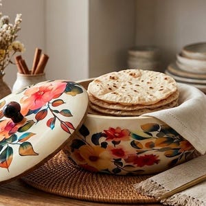 Peut inclure: Un récipient rond en céramique couleur crème avec un couvercle assorti, tous deux ornés de motifs floraux orange, rouges et jaunes. À l'intérieur, une pile de pains plats repose sur un tissu clair. Une cuillère dorée est posée sur une serviette.