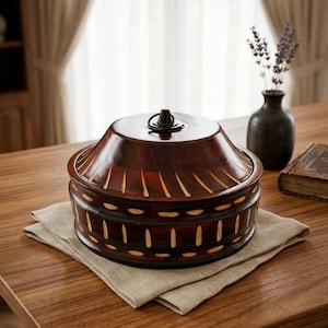 May include: A round, dark brown wooden lidded container with a polished finish. The lid and base feature carved, light-coloured, elongated oval accents arranged in a repeating pattern. A small, dark metal ring handle is centred on the lid.