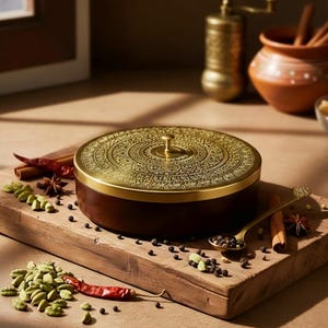 Handcrafted Wooden Masala Dabba Spice Box with Engraved Brass Lid, 7 Compartments, Airtight Kitchen Storage