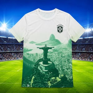Pode incluir: Uma t-shirt branca de manga curta com um gráfico em gradiente verde da estátua do Cristo Redentor sobre o Rio de Janeiro. Na parte superior do peito, à direita, apresenta um logótipo verde escuro da CBF com cinco estrelas.
