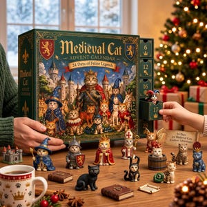 May include: A Medieval Cat advent calendar box with a central illustration of cats in royal and wizard attire. The box features numbered drawers, one of which is open to reveal a cat figurine. Several cat figurines are displayed on the table.