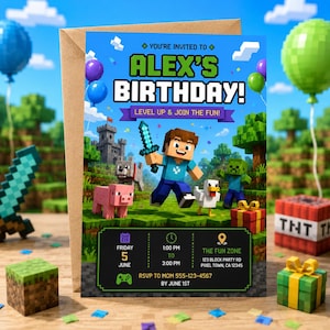 May include: A rectangular birthday invitation card featuring a pixelated video game theme with the text ALEX'S BIRTHDAY, LEVEL UP & JOIN THE FUN, and event details including Friday 5 June, 1:00 PM to 3:00 PM, and The Fun Zone location.