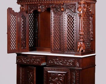 Teak Wood Pooja Temple with Hand-Carved Details and Storage Drawers