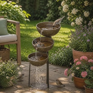 Vaschetta per uccelli in metallo a 3 livelli con supporto, raccoglitore di pioggia, mangiatoia da giardino, stile vintage
