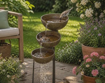 Baignoire pour oiseaux en métal à 3 niveaux avec support, attrape-pluie, mangeoire de jardin, style vintage