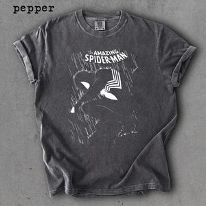 May include: A charcoal gray short-sleeve t-shirt featuring a white graphic print of the character Spider-Man in a crouching position. The design includes vertical rain-like lines and the text "the AMAZING SPIDER-MAN" in white lettering.
