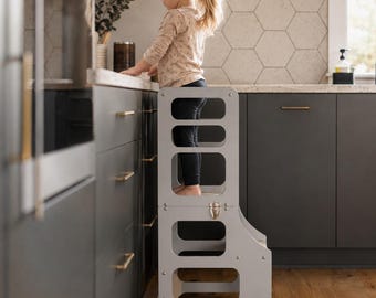 Torre de cocina para niños pequeños, taburete de aprendizaje de madera plegable, escalón de mostrador Montessori