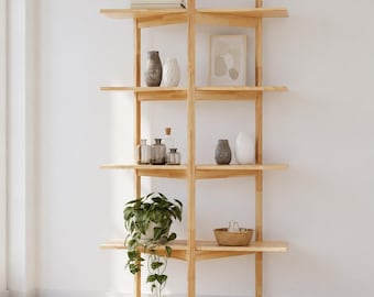 Estantería de madera con luz de mediados de siglo, librería minimalista de pie, mueble de almacenamiento para sala de estar.