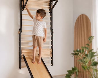 Juego de escalada de madera para niños con tobogán – Gimnasio de juegos Montessori para interiores con escalera y barra de dominadas