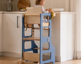 Torre de cocina plegable para niños pequeños, taburete de aprendizaje de madera, trona convertible.