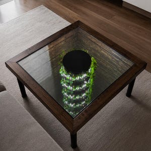 May include: A square coffee table with a dark wood frame and a glass top. The table has a decorative interior with greenery and string lights. The table is set on a neutral-coloured rug in a modern living room.