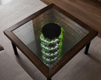 Mesa de centro con espejo infinito: tapa de cristal, estructura de madera, decoración LED Ivy.