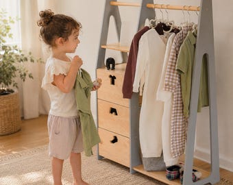 Kids Wooden Wardrobe With Drawers - Toddler Clothes Rack & Nursery Organizer