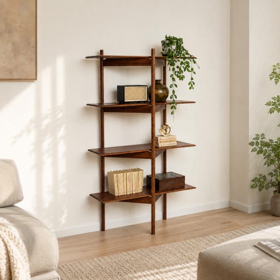 Mid Century Regal - Holz Display Bücherregal, minimalistisches Standregal, Wohnzimmer Aufbewahrungsmöbel