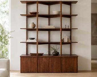 Estantería de pared de madera de mediados de siglo - Estantería tipo mueble de pino teñido