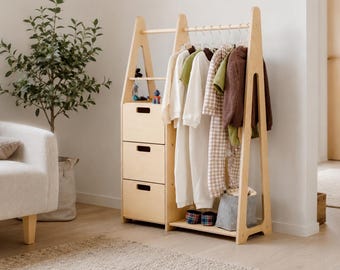 Kleinkind Schrank Organizer mit Schubladen - Kinderzimmer Kleiderstange aus Holz