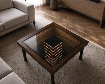Mesa de centro con espejo infinito, luz LED cálida, tablero de cristal y estructura de madera.