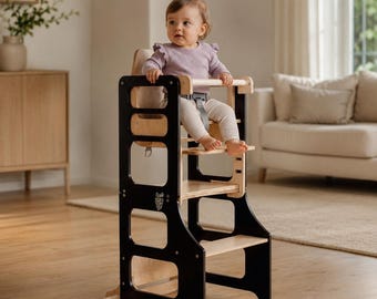 Torre de cocina para niños pequeños, taburete de aprendizaje Montessori plegable, trona convertible