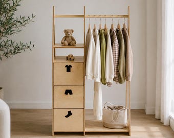 Toddler Wooden Wardrobe Organizer - Montessori Kids Clothes Rack With Drawers