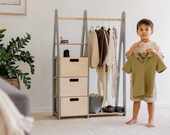 Kids Montessori Bedroom Clothes Organizer – Wooden Rack with Storage Drawers
