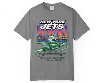 New York Jets Retro Arcade Plane T-Shirt | Football City Skyline Tee