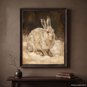 May include: A framed oil painting depicting a light brown and white rabbit sitting in a snowy landscape. The artwork is enclosed in a dark wooden frame, showcasing detailed brushstrokes that capture the texture of the rabbit's fur.