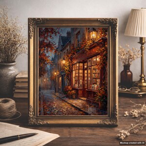 Peut inclure: Une peinture encadrée représentant une librairie chaleureuse dans une rue pavée en automne. La scène présente une lumière dorée chaude émanant des vitrines, des étagères remplies de livres et un feuillage orange sur le bâtiment.