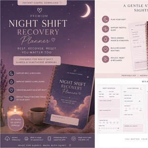 Puede incluir: Un planificador digital titulado "Night Shift Recovery Planner" con un diseño celestial. El planificador está diseñado para enfermeras y trabajadores de la salud, con secciones para la planificación de turnos, el seguimiento del sueño y el control del estado de ánimo. La imagen incluye un cuaderno, páginas impresas y texto.
