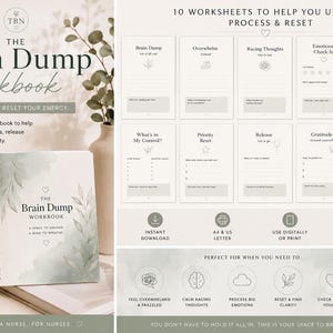 Puede incluir: El Brain Dump Workbook, un cuaderno imprimible y calmante con 10 hojas de trabajo para ayudarte a despejar tu mente, restablecer tu energía y liberar la sobrecarga. Incluye tamaños A4 y US Letter. La portada presenta un diseño de hojas de acuarela.