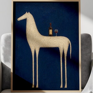 Wine Horse Wall Art, Abstract Animal Print, Minimalist Blue Poster, Modern Scandinavian Canvas Decor