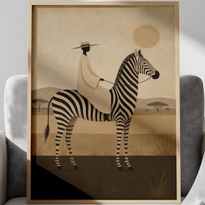 Zebra Rider Safari Print, Boho Equestrian Animal Art (Digital Download)