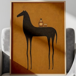 Whiskey Horse Wall Art, Abstract Animal Print, Minimalist Brown Poster, Modern Scandinavian Bar Decor