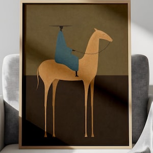 Abstract Horse Rider Print, Blue Robe Figure, Neutral Modern Wall Art (Digital Download)