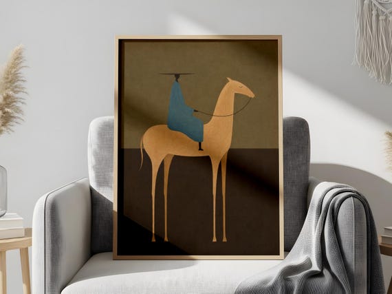 Abstract Horse Rider Print, Blue Robe Figure, Neutral Modern Wall Art (Digital Download)