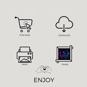 May include: A digital art print with icons for purchase, download, print, and frame. The image includes the text "PURCHASE", "DOWNLOAD", "PRINT", "FRAME", and "ENJOY". The frame icon includes the text "SunWallArtGifts".