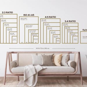 May include: A wall display featuring various print sizes and ratios, including 2:3, ISO A1-A5, 4:5, and 3:4 ratios, with measurements in inches and centimeters. A sofa, 72 inches (183 cm) wide, is positioned below the display.