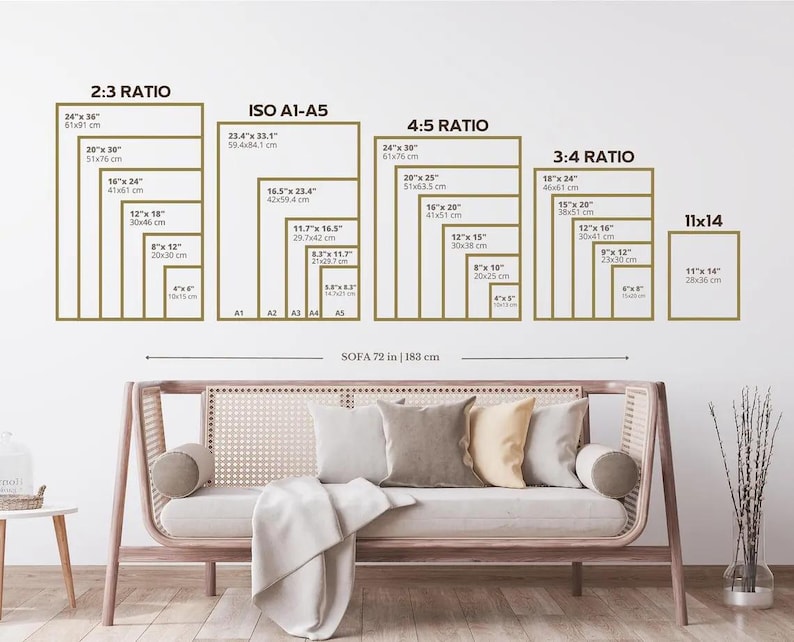 May include: A wall display featuring various print sizes and ratios, including 2:3, ISO A1-A5, 4:5, and 3:4 ratios, with measurements in inches and centimeters. A sofa, 72 inches (183 cm) wide, is positioned below the display.