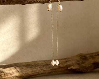 Natürliche Süßwasserperle、Einfädler Ohrringe、Gold Ohrringe、Lange Ketten Ohrringe、Minimalistisch、Geschenk für Sie、Brautschmuck