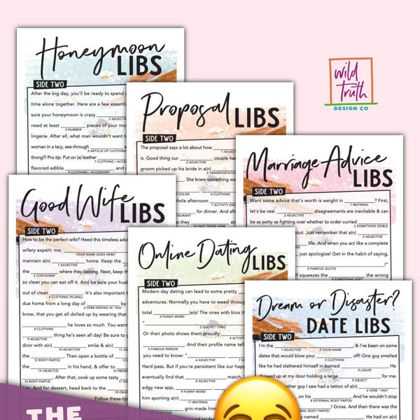 Funny Wedding Mad Libs 6 Game Bundle - Bridal Shower, Bachelorette, Rehearsal Dinner, Engagement, Reception, Cocktail Hour - Watercolors