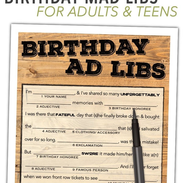 Birthday Mad Lib Game For Adults - Men & Women - Gender Neutral Wood Design - Funny Digital Party Printable