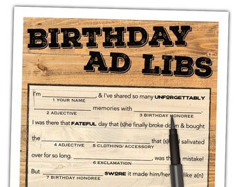 Birthday Mad Lib Game For Adults - Men & Women - Gender Neutral Wood Design - Funny Digital Party Printable