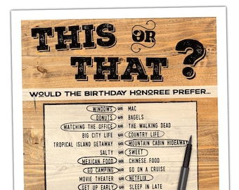 This or That Birthday Game For Adults - Men & Women - Would You Rather Quiz - Gender Neutral Wood Grain - Digital Printable