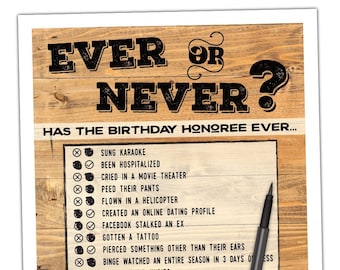 Adults Ever Or Never Birthday Quiz Game for Men & Women of All Ages - Gender Neutral Wood Grain