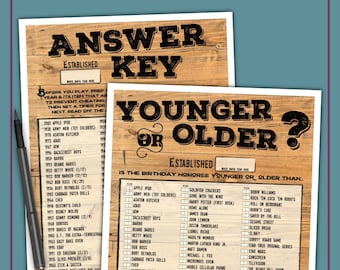 Younger Or Older Birthday Game For Adults - Men & Women - Gender Neutral Wood Design - Digital Printable