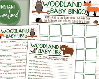 Gender Neutral Baby Shower Games - Mad Lib & Bingo Card - Woodland Animals, Forest Creatures