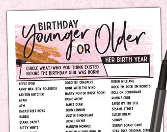 Younger Or Older Women's Birthday Party Game For Adults - Pink & Gold Quiz