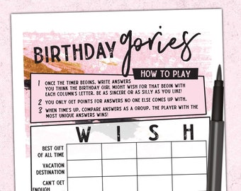 Women's Birthday (Scatter)gories Game For Adults - Pink & Gold Printable