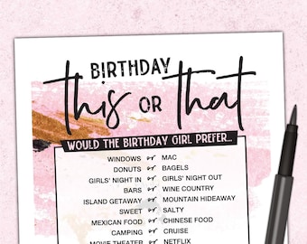 This Or That? Women's Birthday Game Quiz for Adults - How Well Do You Know The Birthday Girl - Pink & Gold